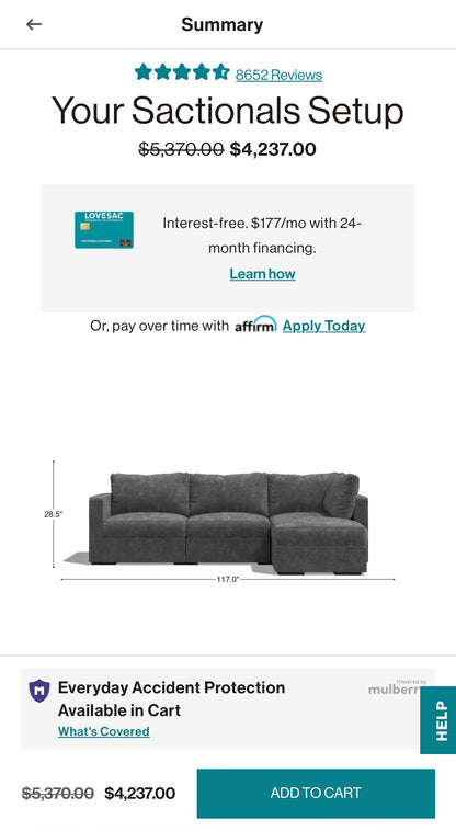 Lovesac Open-Box Modular Sectional Sofa 3 Seats 1 storage ottoman