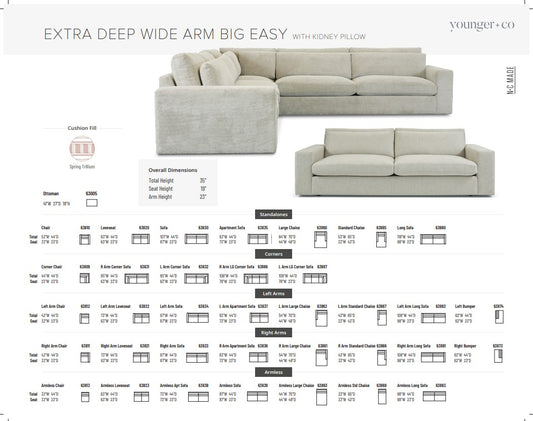 Younger Furniture Big Easy Extra Deep & Wide Arm & Kidney Pillow Sectional Collection